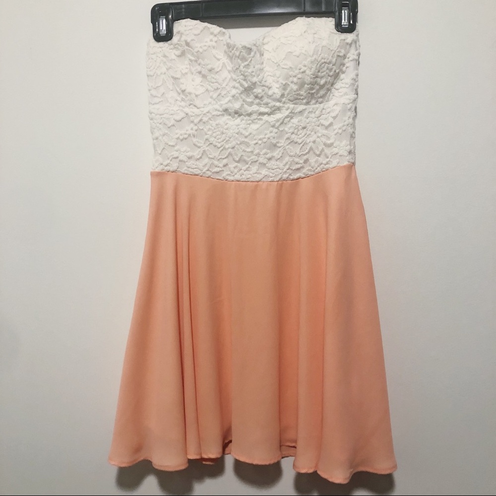 White lace + peach chiffon mini sweetheart dress